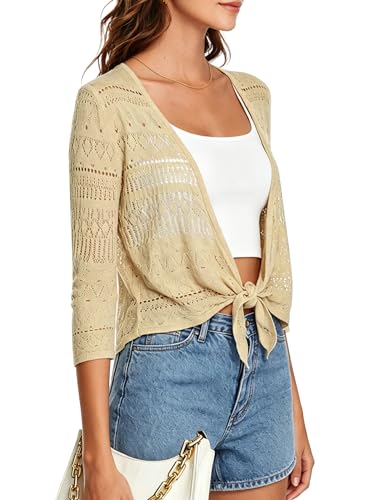 Image of Spicy Sandia Tie Front Sheer Shrug 3 /4 Sleeve Cropped Crochet Cardigan for Summer Lightweight