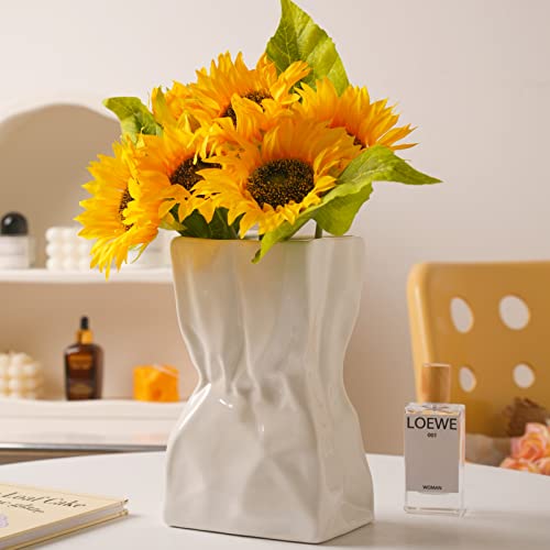 Levvohd White Pleated Ceramic Floral Vase, Unique Square Wide Mouth Paper Bag Large Flower Vases, Aesthetic Minimalist Boho Vase For Modern Trendy Home Room Table Centerpiece Decor (L5.3 X H9.4) #TOP3