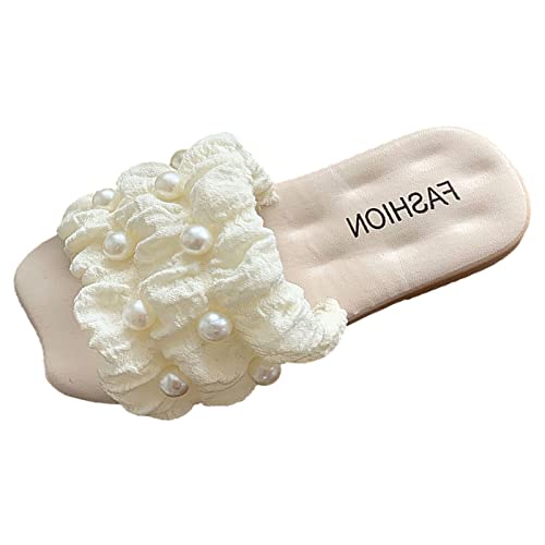 rismart Girls' Pearl Slide Sandals Open Toe Wide Flat Summer Slippers for Indoor Outdoor