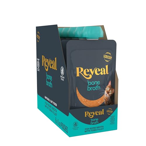 Reveal Tuna Fillet Bone Broth Cat Food Topper 6-Pack Lickable High Protein Limited Ingredient Grain Free No Fillers or Artificial Additives (6 x 3 oz Resealable Spout Pouches)