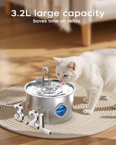 Image of Cat Water Fountain Stainless Steel - 108oz /3.2L Pet Gift Dog Water Dispenser Automatic Silent Cats Dispenser for Drinking Indoor Metal Kitty Spout Fountains (Cat Fountains 2 Filters + 2 Sponges)