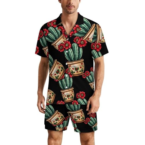 Cactus Plant Mens Pajamas Set Short Sleeve Sleepwear Summer Pjs Sets 2 Piece Loungewear Nightwear