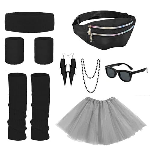 Cckuu 80s Fancy Dress for Women Girls Waterproof Bumbag Waist Packs Headband Wristbands Leg Warmers Earrings Sunglasses Accessories for Neon Fun Run Teams(Black Grey) - Image 2
