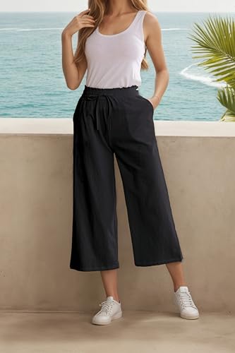 Image of LNX Womens Linen Capri Pants Wide Leg High Waisted Drawstring Casual Cropped Pants with Pockets