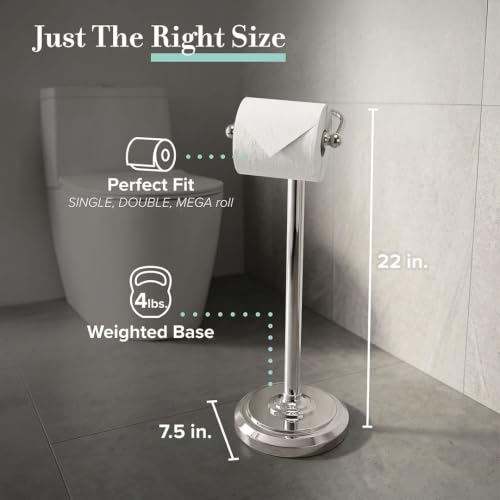 Image of Gatco 1436PN Toilet Paper Holder Stand, Freestanding Floor Stand for Bathroom, Polished Nickel, Weighted Base, 22 Inch
