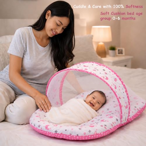 Image of Infantbond Designer Mattress with Net | Baby Sleeping Bag | 4 Pcs Bedding | 1 Nest (0-6 Months) (Moon Pink)