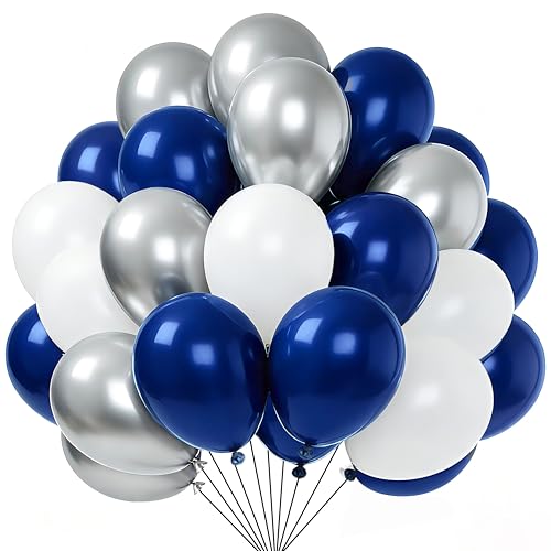 Yehnda Globos Bleu Marine blancos plateados, 60 unidades 12 pulgadas de látex para boda, cumpleaños, bautizo, baby shower, fiesta de jubilación, graduación, ceremonia