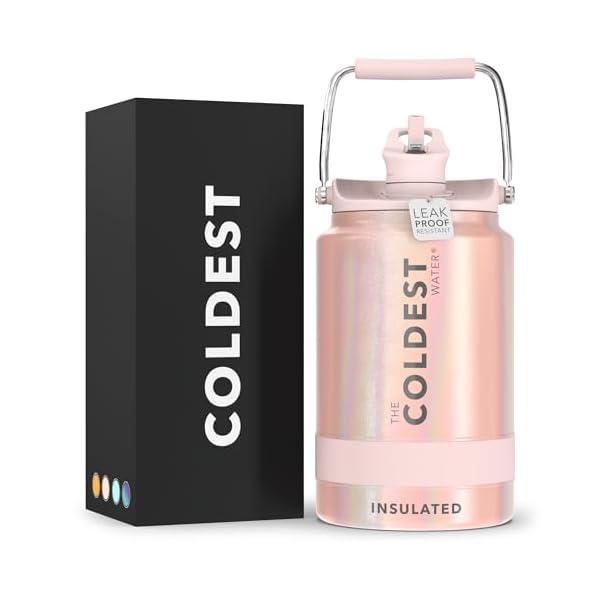 COLDEST Sports Water Bottle 128 oz/One Gallon (Straw Lid), Leak Proof, Vacuum Insulated Stainless Steel, Hot Cold, Double Walled, Metal Canteen Growler Jug (Forever Pink Glitter, Gallon)
