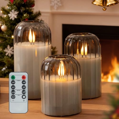 Image of Ribbed Glass Battery Candles - FLameless Candles with Remote, Sage Green LED Candles with Timer, Warm Light, Lasting 350 Hrs and Brightness Adjustment, Φ 3 inch H 4 inch 5 inch 6 inch, Set of 3 for Christmas Decor