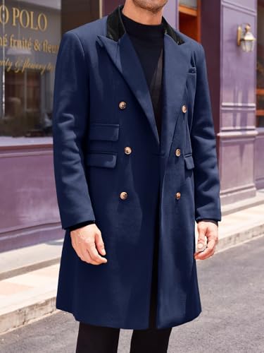 Runcati Mens Trench Coat Notch Lapel Double Breasted Casual Pea Coat Winter Warm Long Overcoat2