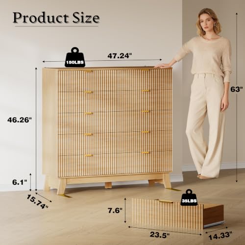 Image of BORNOON 46 inch Tall Dresser for Bedroom, 10-Drawer Fluted Chest of Drawers, Modern Wood Highboy with Metal Slides and Handles, Anti-Tip Kit, Vertical Clothes Storage Organizer for Apartment, Closet
