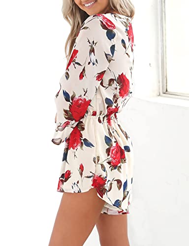 Relipop Women's Fashion Floral Print Long Sleeves Short Romper Playsuit Jumpsuit (Small, Red)
