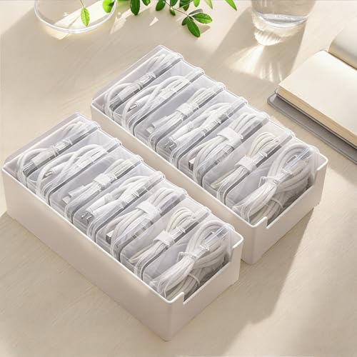 RayHenry 2 PCS Cable Organizer Box with 7 Clear Switch Case Desktop Charger Cord Storage Organizer Box for Home Office Desk Accessories Wire Organization Stationery Supplies (white)