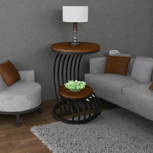 Image of End Table with Decorative Legs, in-Lay Top, Home Decor Accent Furniture -Tier Metal Coffee Table with Open Storage Shelf for Living Room (Black Grey)