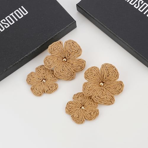 Image of Handmade Raffia Hoop Earrings Statement Tropical Bohemian Straw Dangle Earrings Natural Rattan Vacation Style Round Earrings for Women Summer Beach Party Essential Jewelry