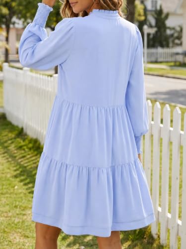 Image of Imily Bela Womens Fall Long Sleeve Tunic Dress Casual V Neck Tiered Dress | Loose,Swing,A-Line,Ruffled Collar,Puff Balloon Sleeve,Smocked Elastic Cuffs,Tiered Layered Ruffle Hem,Babydoll,Loose,Mini