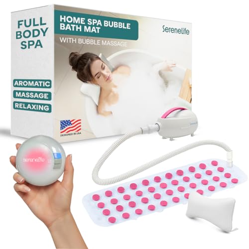SereneLife Bubble Bath Mat - Portable Spa Bubble Bath Massager with Waterproof Bath Light & Pillow, Adjustable Bubble Intensity, Easy Button Control, Remote Control (Pink)