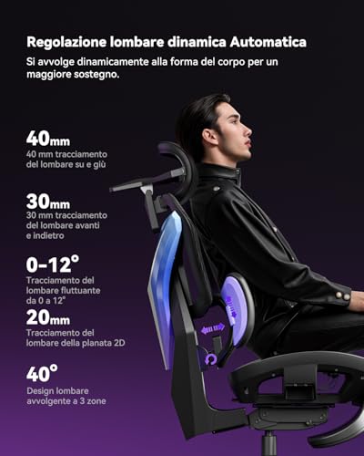 G7 Sedia Gaming Ergonomica, Sedia da Gaming con Supporto Lombare Dinamico, Braccioli Girevoli a Doppio Asse 720°, Schienale Reclinabile a 140° e Cuscino Cervicale 4D (Laser) - Sedia gaming - Immagine 3