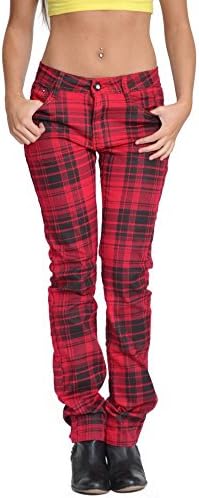 Tartan checked punk rockability skinny jeans - red & black