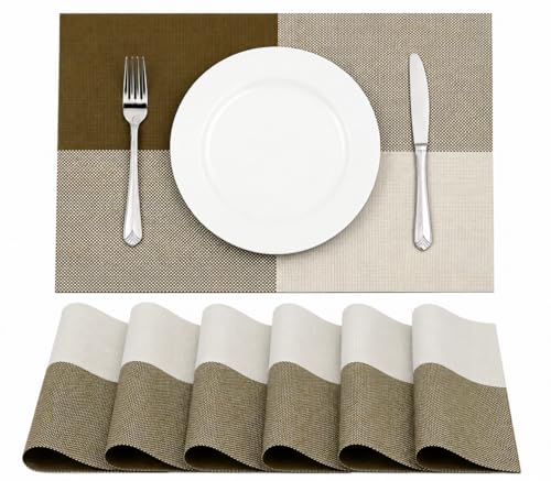Image of PVC Dining Table Placemats Set of 6 | Washable Non-Slip Heat Resistant Table Mats for Dining Table | Elegant Woven Place Mats for Home, Kitchen & Restaurant | 45 x 30 CM (BK Olive, Classic)