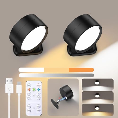 Lista de Lámparas de pared más recomendados. 49 2 Pack Negro Lámpara de Pared LED Interior, 3 Colores y 3 Niveles de Brillo, El Brillo se Puede Ajustar,Control Táctil y Remoto, Temporizador, Carga USB, 360° Rotación, Para...