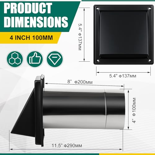 Image of Gisafai 4 inch Outside Dryer Vent Cover for Exterior Walls Exhaust Vent Cap with Removable Extension Pipe Stainless Steel Hood Cushioned Non Return Flap with Sealing Gasket Grille Screen