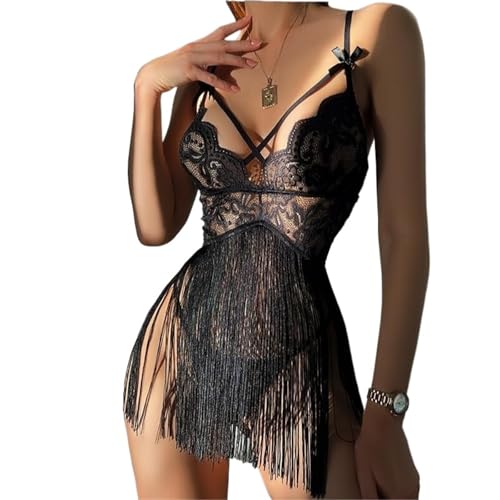 Sexy Erotic Lingerie Kit Women Temptation Lace Tassel Sensual Porn Underwear for Sex Hot Bodydolls Exotic Apparel(Black,XL)