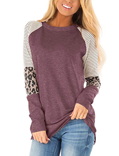 Floral Find Women's Long Sleeve Leopard Color Block Tunic Comfy Stripe Round Neck T Shirt Tops Wine Red