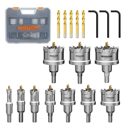 Mollom 10Pcs (13-51mm) TCT Carbide Hole Saw Kit for Hard Metal, 5Pcs Extra Pilot Drill bits and 3Pcs Hex Keys for Stainless Steel, Iron,Aluminum,Alloy,Metal.
