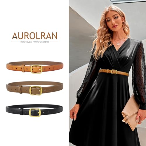 Image of Aurolran Women's Fashion Classic Metal Buckle Leather Belt with Jeans Dress