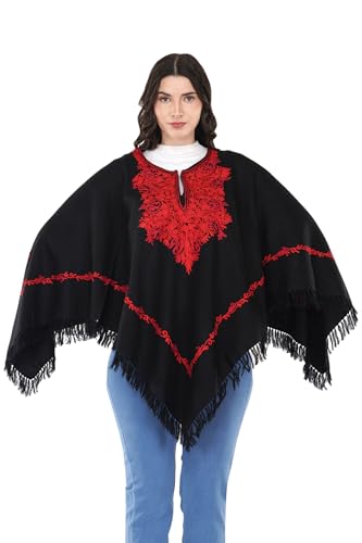Image of Premium Women's Kashmiri hand embroidery floral woollen poncho Indian cape wrap shrug Free size