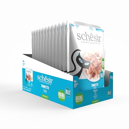 Schesir, Thunfischfilets in Gelee, ergänzendes Nassfutter für Katzen, Originalrezept, 100% natürlich, 12 Beutel à 70 g