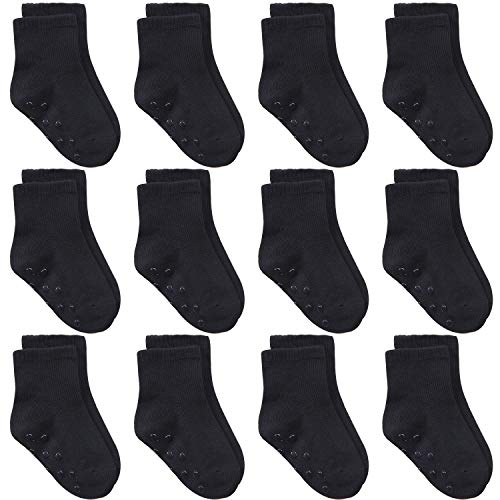 Cooraby 12 Pairs Unisex Toddler Socks Non-Skid Classic Crew Socks, Assorted Colors (Black, 12-24 Months)