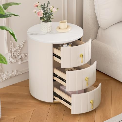 Upholstered Nightstand with 3 Drawers, Round Bedside Table with Metal Handles, Velvet End Table, Marbling Stickers Top Nightstand (Beige)
