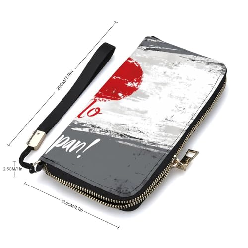 Japanese Flag Hello Japan Women's Leather Clutch Wallet with Zip Card Holder Hand Strap Large Capacity2