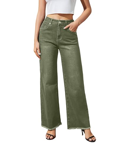 Women's Wide Leg Jeans High Waisted Strechy Jeans for Women Straight Raw Hem Loose Casual Denim