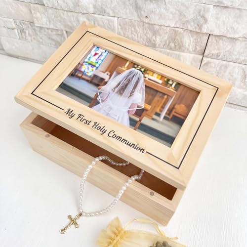Xuhal First Communion Wooden Box Photo Keepsake Baptism Memory Box Personalized First Holy Communion Gifts for Baptism Religious Mementos Jewelry Organizer