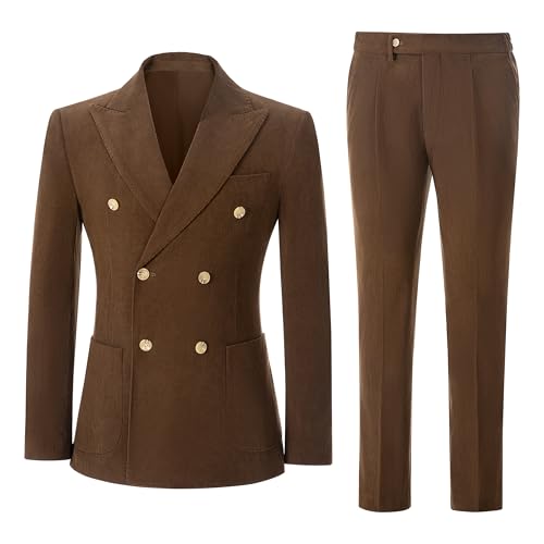 Men 2 Piece Corduroy Suit Slim Fit Suits Double Breasted Suit Blazer Jacket Pants Set Formal Wedding Prom Tuxedos
