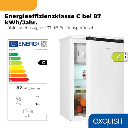 Exquisit Kühlschrank mit 4-Sterne-Gefrierfach | 107 l Nutzinhalt, EEK: C, 37 dB | LED-Thermostat-Beleuchtung, manuelle Temperaturregelung, wechselbarer Türanschlag | KS515-4-051C weiss