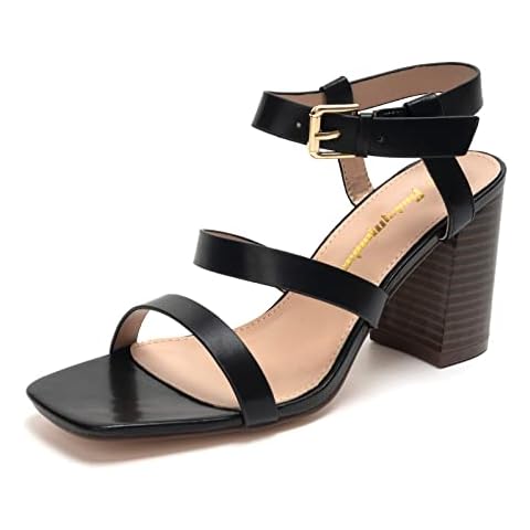 FUNKYMONKEY Heeled Sandal for Womens Chunky Heel Square Open Toe Ankle Strap Dress Sandals, Black, 6.5 UK Cover