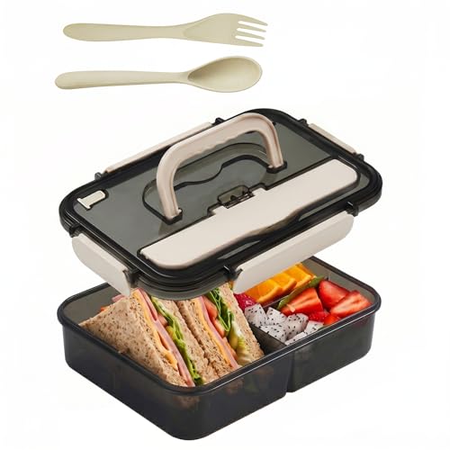 Dutiqozad Bento Box Lunchbox Adulte - 1500ml Hermétique Boîte à Repas Avec 3 Compartiments Couverts Utilisable au Micro-ondes Lavable au Lave-vaisselle Pour Bureau École Pique-nique