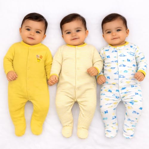 Image of VParents Rompers for New Born Baby Girl & Boy (Pack of 3), 100% Cotton Full Sleeve Romper /Bodysuit /Jumpsuit /Onesies /Sleepsuit for Infants & Toddlers, Comfortable Clothes for Babies