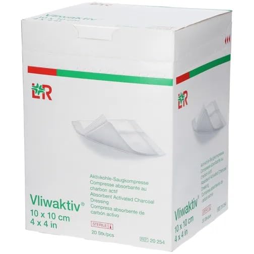 Vliwaktiv - 20 compresse di aspirazione al carbone attivo, 10 x 10 cm, sterili, sigillate singolarmente