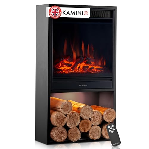 KAMINIO Electric Fireplace HUGO - Electric Stove with Heater 3D Flame Effect LED Mood Light Wood Storage Compartment Remote Control (Black)