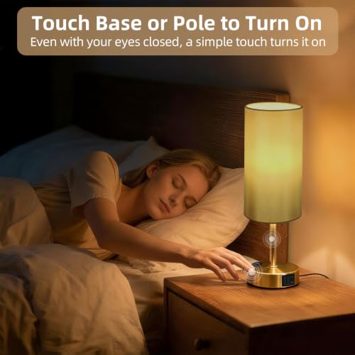 Image of Bedside Table Lamp, Dimmable Touch, AC Outlet, USB A+C (Gold) | 3-Way Dimmable, Small Touch Lamp with Eye-Care LED Bulb, Ideal Soft Lighting for Nightstand, Bedroom, Reading, Living Room
