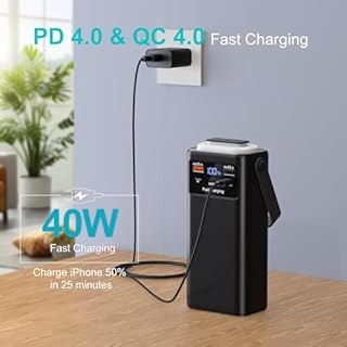 60000mA Power Bank large capacity with 4 cable and Scalable lamp, 40W fast charging external battery USB-C 7 outputs and 2 inputs LED display Power Bank compatible with Samsung iPad Android