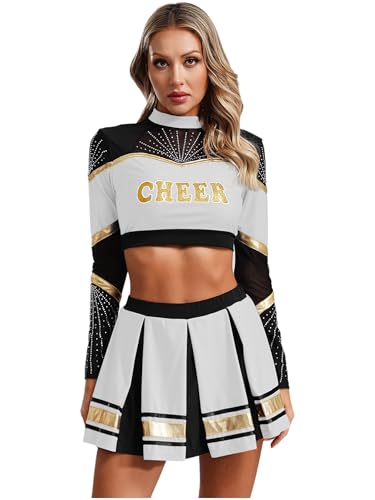 inhzoy Damen Cheerleading Kostüm High School Cheer Leader Rock Langarm Crop Top Pompons 2er/4er/5er Set Halloween Karneval Kostüm Weiß-Zweiteiler M