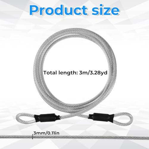 10 FT 3mm Stainless Steel Security Cable Safety Cable Wire Rope with Double Loop Outdoor Travel Long Security Cables Lock Heavy Duty Safety Wire for Luggage Clothesline