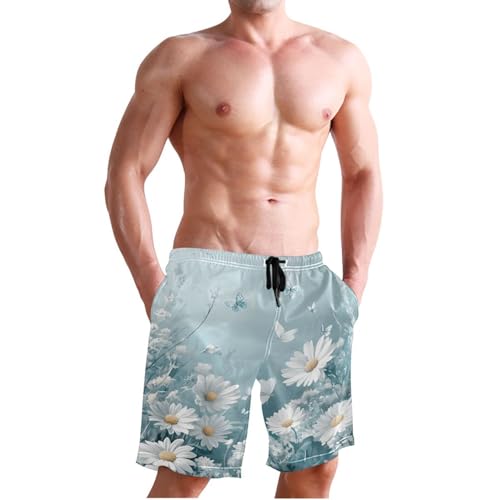 Men’s Swim Trunks White Daisy Flower Butterfly Beach Board Shorts Swimming Short Pants Running Sports Surffing Shorts4