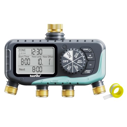 RAINPOINT Sprinkler Timer, 4 Outlets Hose Timer with Brass Inlet with Rain Delay/Manual/Automatic Controller System, Programmable Digital for Lawn Yard (Light Blue, 4 outlets)